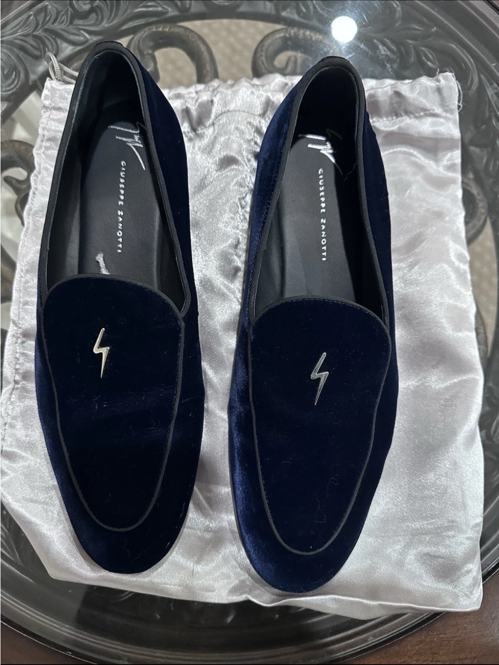 Giuseppe Zanotti Navy Velvet Loafers with Silver Logo